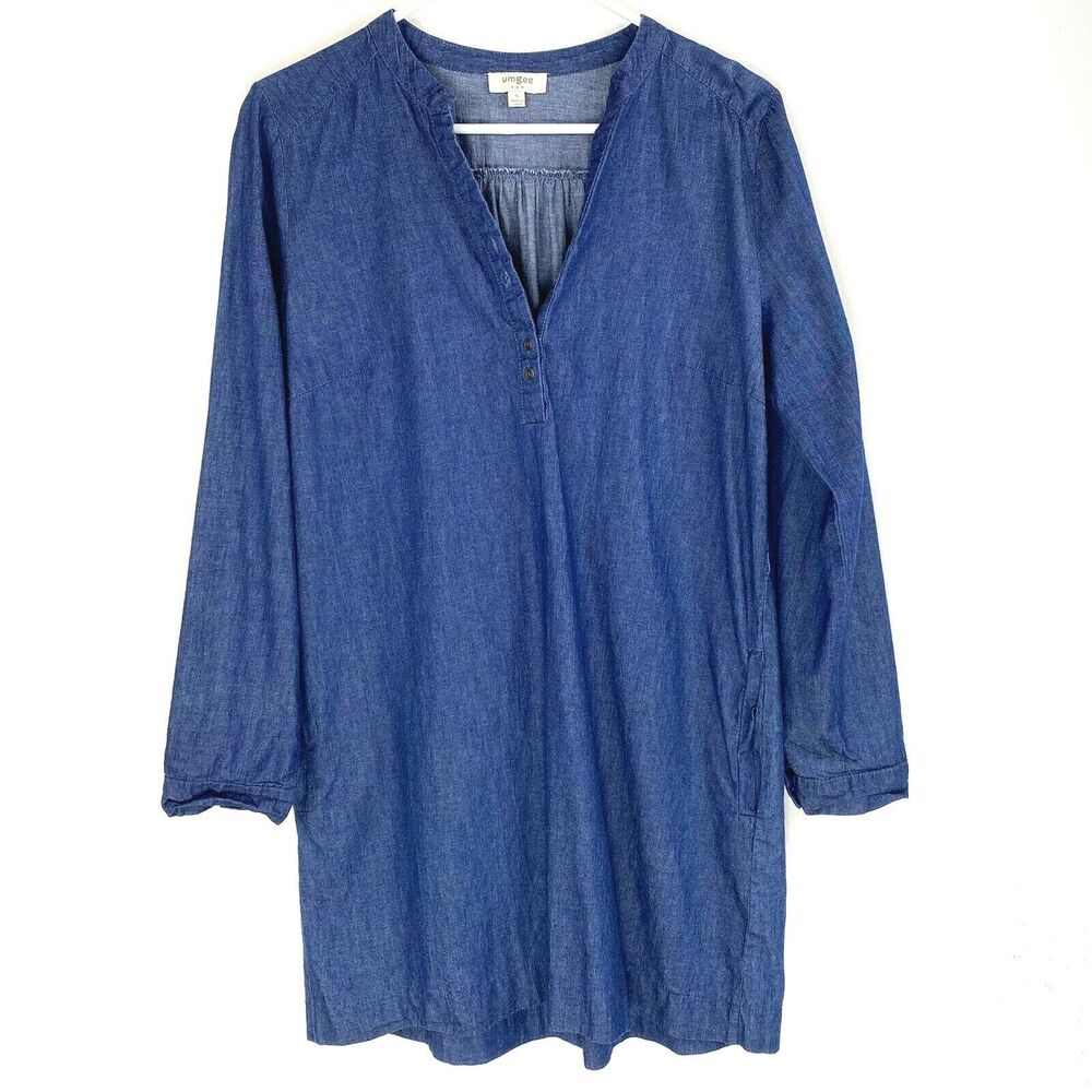 Umgee Top Tunic Size Small Blue Denim Popover Roll‎ Tab Sleeve Pockets